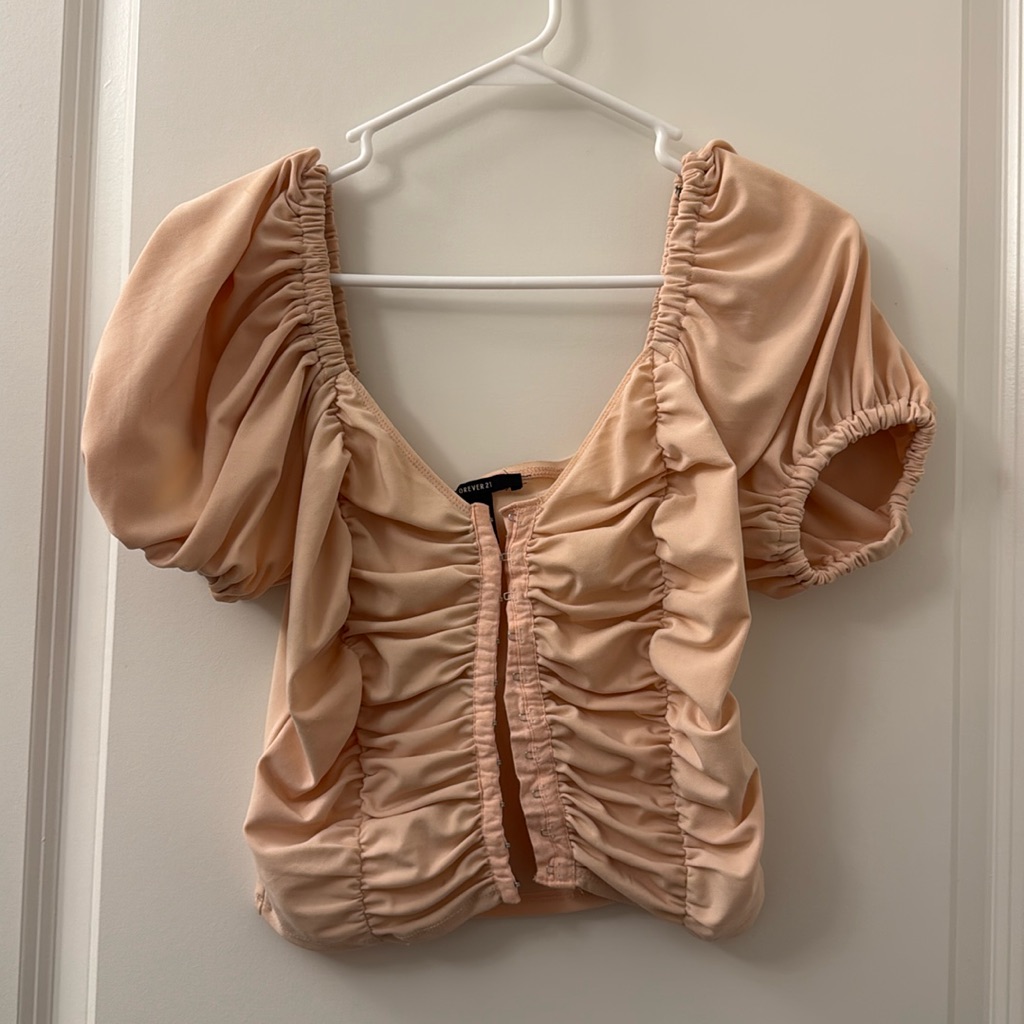 Peach Ruched Crop Top With Puff Sleeves